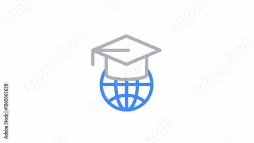 Global education concept icon featuring a graduation cap on a blue globe isolated on white background