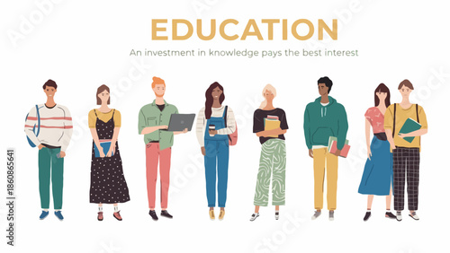 Diverse group of young students standing together with books and laptop for education and university banner