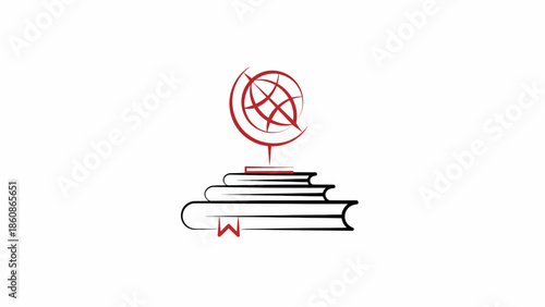 Minimalist logo design of a globe resting on a stack of books for library and global knowledge concepts
