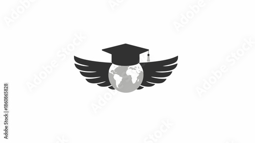 Global education and freedom concept with graduation cap on globe and black wings on white background