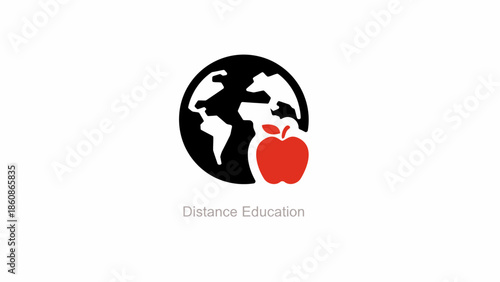 Distance education logo with world globe icon and red apple symbol for remote learning concept
