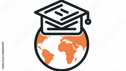 International degree and graduation concept with graduation cap on orange globe icon