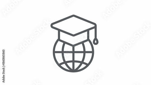 Minimalist line art icon of a graduation cap on a globe, representing global education and international academic success on white background