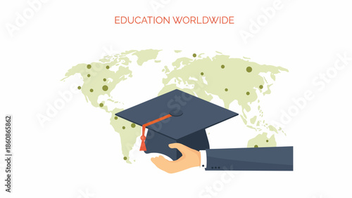 Conceptual illustration of a hand in a suit holding a graduation cap with a world map background, celebrating education worldwide
