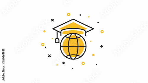 Modern vector icon of a yellow globe with a graduation cap and decorative confetti, symbolizing a festive global academic milestone