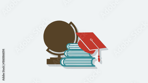 Flat illustration of a brown globe silhouette behind blue books and a red graduation mortarboard, symbolizing global wisdom