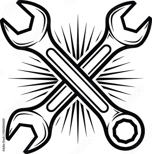 Vintage crossed wrenches logo for auto repair, mechanical service icon, hand tool symbol for garage workshop, industrial maintenance, and DIY projects.