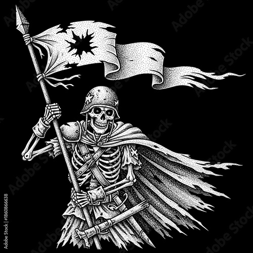Skeleton warrior holding tattered flag with starburst symbol.
