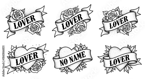 Set of six tattoo style emblems with ribbons and roses featuring the word lover and no name.