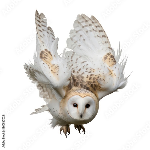 Barn Owl In Flight With Wings Spread Wide Showing Detailed Feathers And White Face Isolated On White Background