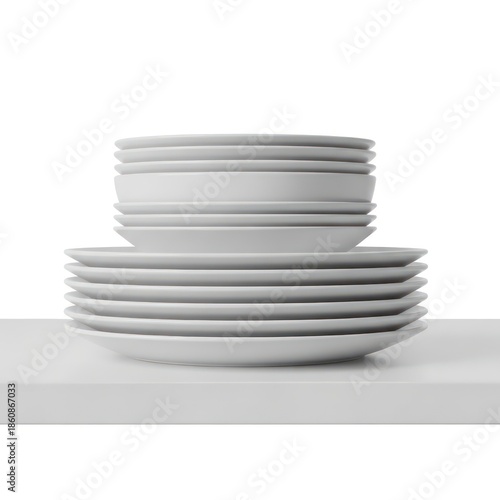 Neatly Stacked White Ceramic Dinner Plates and Bowls on a White Shelf with Soft Studio Lighting