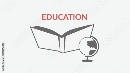 Simple Education Graphic with Open Grey Book and Globe Illustration, Academic Literacy and Global Knowledge Concept