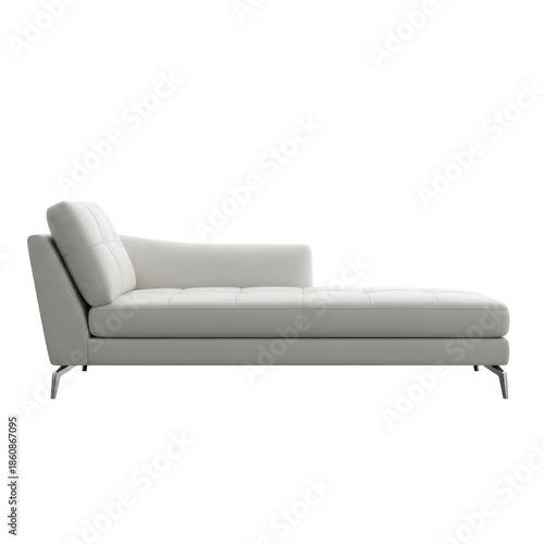 Modern White Leather Chaise Lounge with Tufted Seat and Chrome Legs Isolated on a White Background Elegant Furniture Design