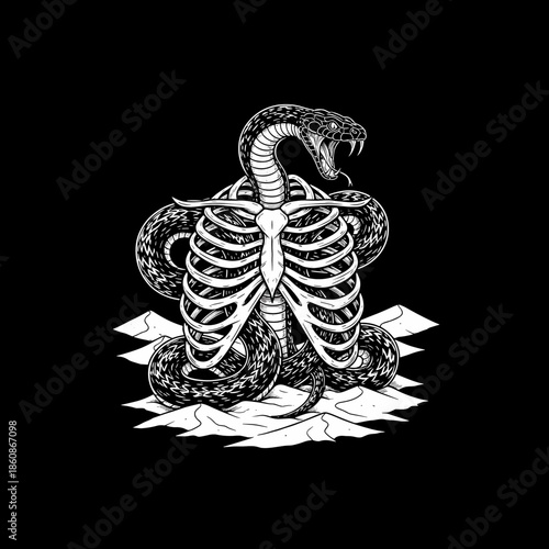 A detailed illustration of a snake coiled around a human rib cage.