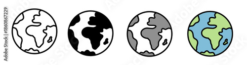 Globe icons showing Earth in outline, solid, grayscale, and colorful styles 