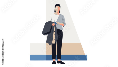 Modern woman standing casually holding a blazer with a minimalist interior background