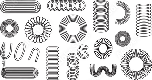 Abstract collection of wavy coiled lines and geometric spring shapes vector illustration