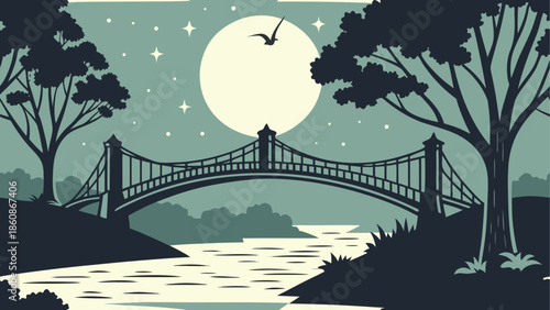 Moonlit bridge over calm river