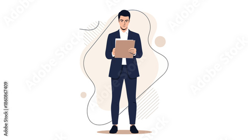 business professional young man in formal suit reading a tablet for work or presentation