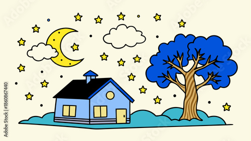 Nighttime cottage under moonlit sky