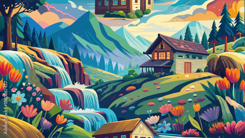 Serene mountain village with waterfall
