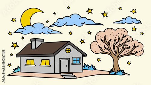 Cozy cottage under night sky