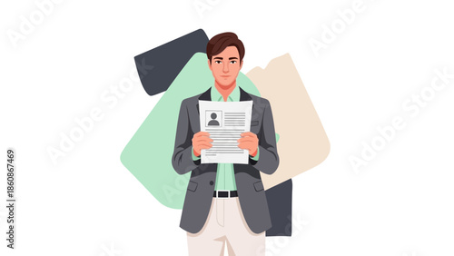 Professional young businessman holding a resume or profile document with briefcase and abstract