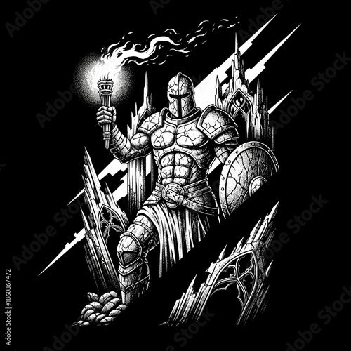 Knight holding a torch in a dark fantasy setting.