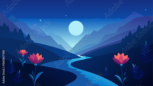 Serene night river in mountain valley