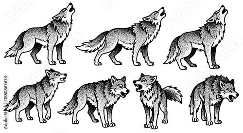 Collection of Stylized Wolf Illustrations in Various Poses.