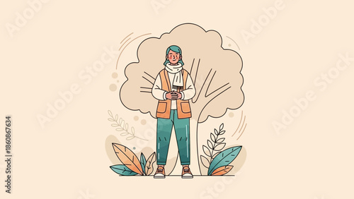 Digital Illustration of a Woman Standing Outdoors Amidst Nature with Book and Thoughtful Expression