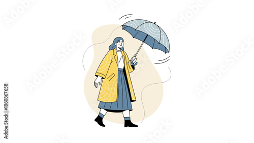 illustration of a woman walking with an umbrella in rain wearing a yellow coat and long skirt