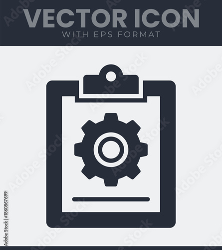 Black clipboard icon with gear symbol for business management, project planning, technical documentation, workflow optimization, industrial process control, task management. Vector illustration