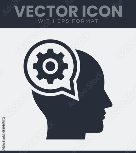 Silhouette of human head with gear in speech bubble representing mental process, logical thinking, engineering mind, brain mechanism, creative ideas. Vector illustration
