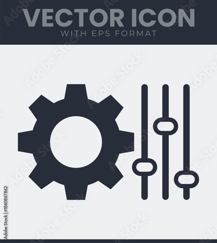 Gear and slider icon representing settings configuration adjustment control panel for user interface design and technical management software applications. Vector illustration