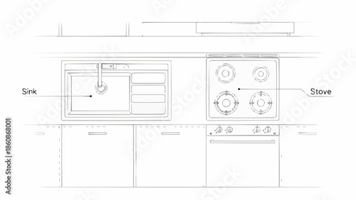 Kitchen sink and stove line drawing architectural plan.