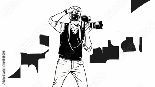 Man holding professional camera taking a photo illustration.