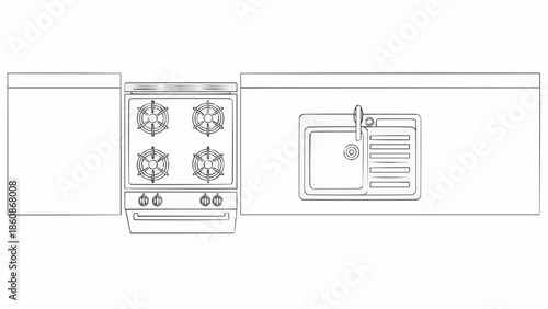 Kitchen counter with sink and stove top illustration.