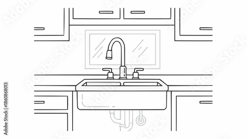 Kitchen sink faucet and cabinets line drawing illustration.