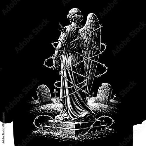 Gothic Angel Statue Wrapped in Barbed Wire in a Cemetery.