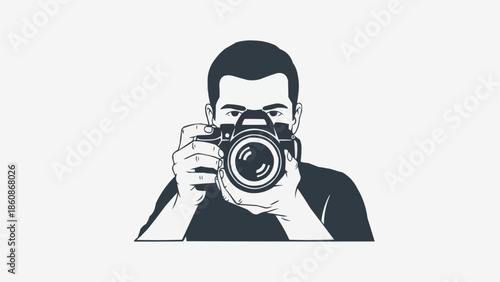 Man holding professional camera taking a picture close up.