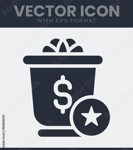 Icon of a money bucket filled with gold coins featuring a dollar sign and a star reward symbol for business. Vector illustration