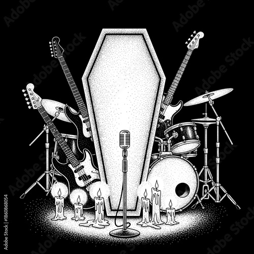 Gothic Rock Band Coffin Stage Setup With Vintage Microphone.