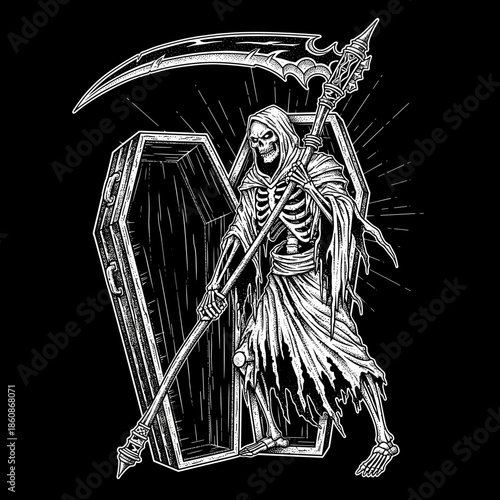 Grim Reaper Skeleton Holding Scythe Standing Next to Coffin.