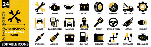 Set of 24 Auto Mechanic and Car Service Icons. Vector Glyph Illustrations for Garage Repair, Maintenance, Spare Parts, and Automobile.