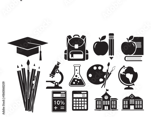 Essential school supplies and academic tools icon set for learning and knowledge
