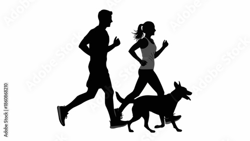 Man Woman and Dog Running Together Silhouette.