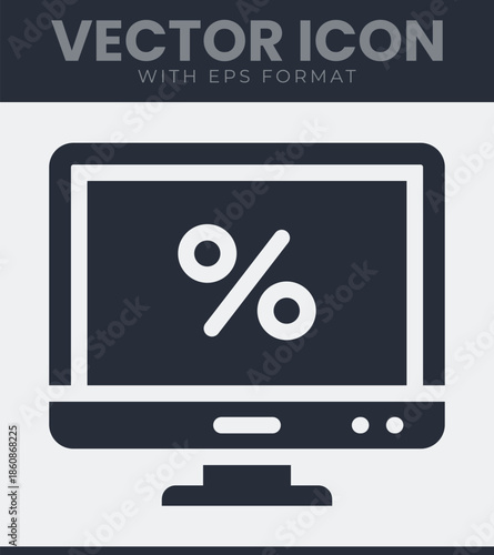 Computer monitor icon with percentage symbol on screen representing online discount sale promotion digital marketing ecommerce business finance web technology. Vector illustration