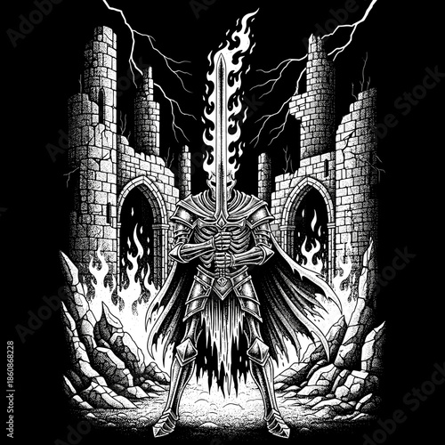 Warrior with flaming sword for a head standing in ruins.