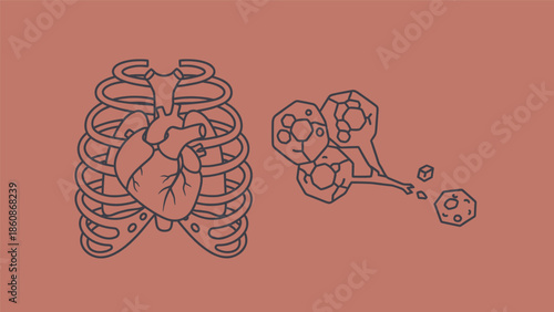 A minimalist line art illustration showing a human heart in a rib cage and a disintegrating geometric structure